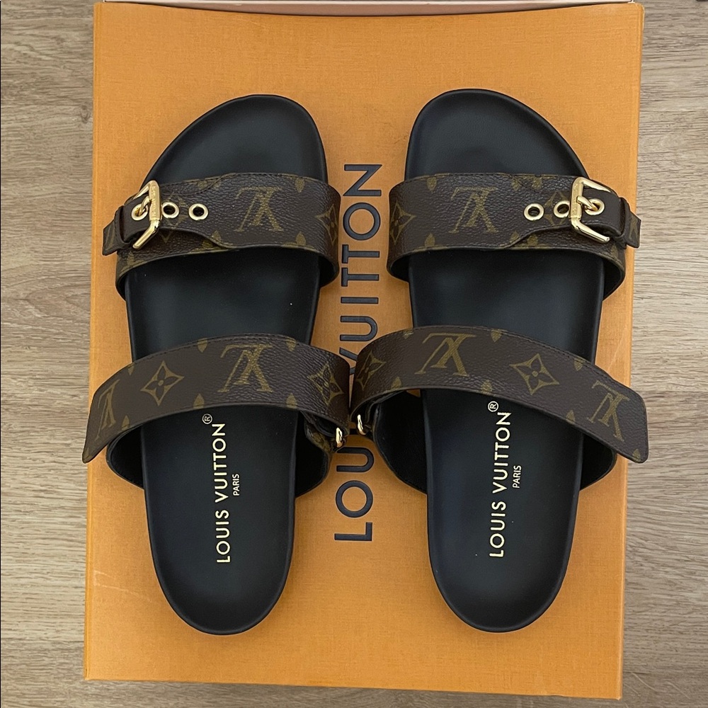 Louis Vuitton Black and Brown Monogram Slides